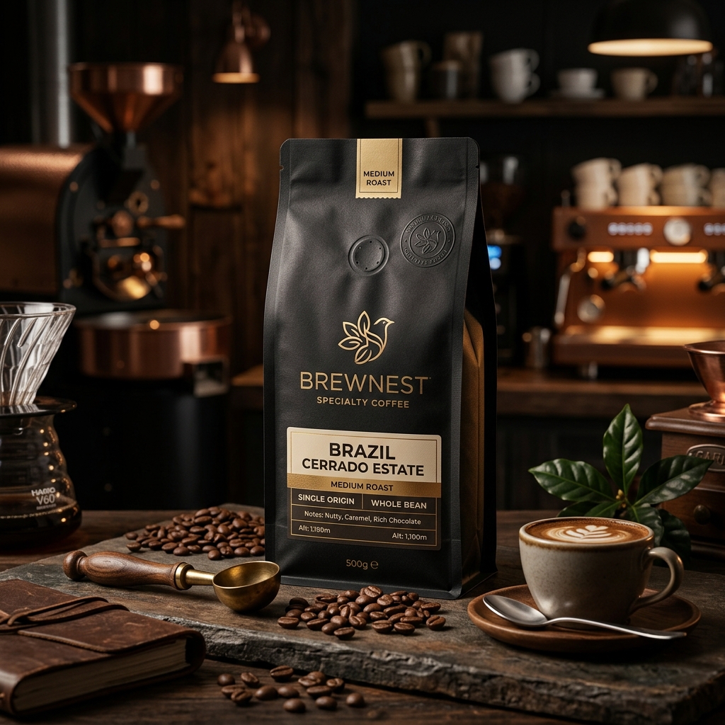 Premium whole bean coffee packaging of Brazil Cerrado Estate