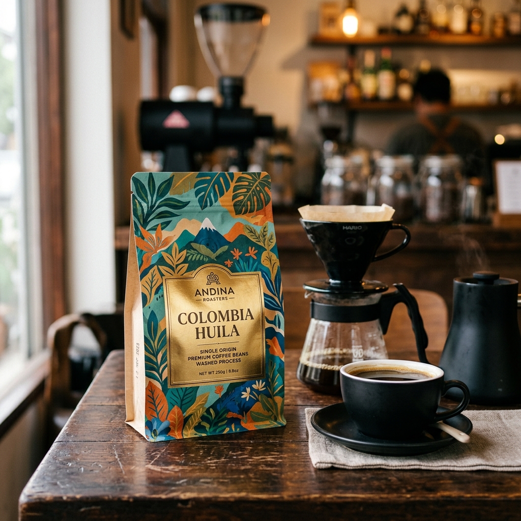 Premium whole bean coffee packaging of Colombia Huila