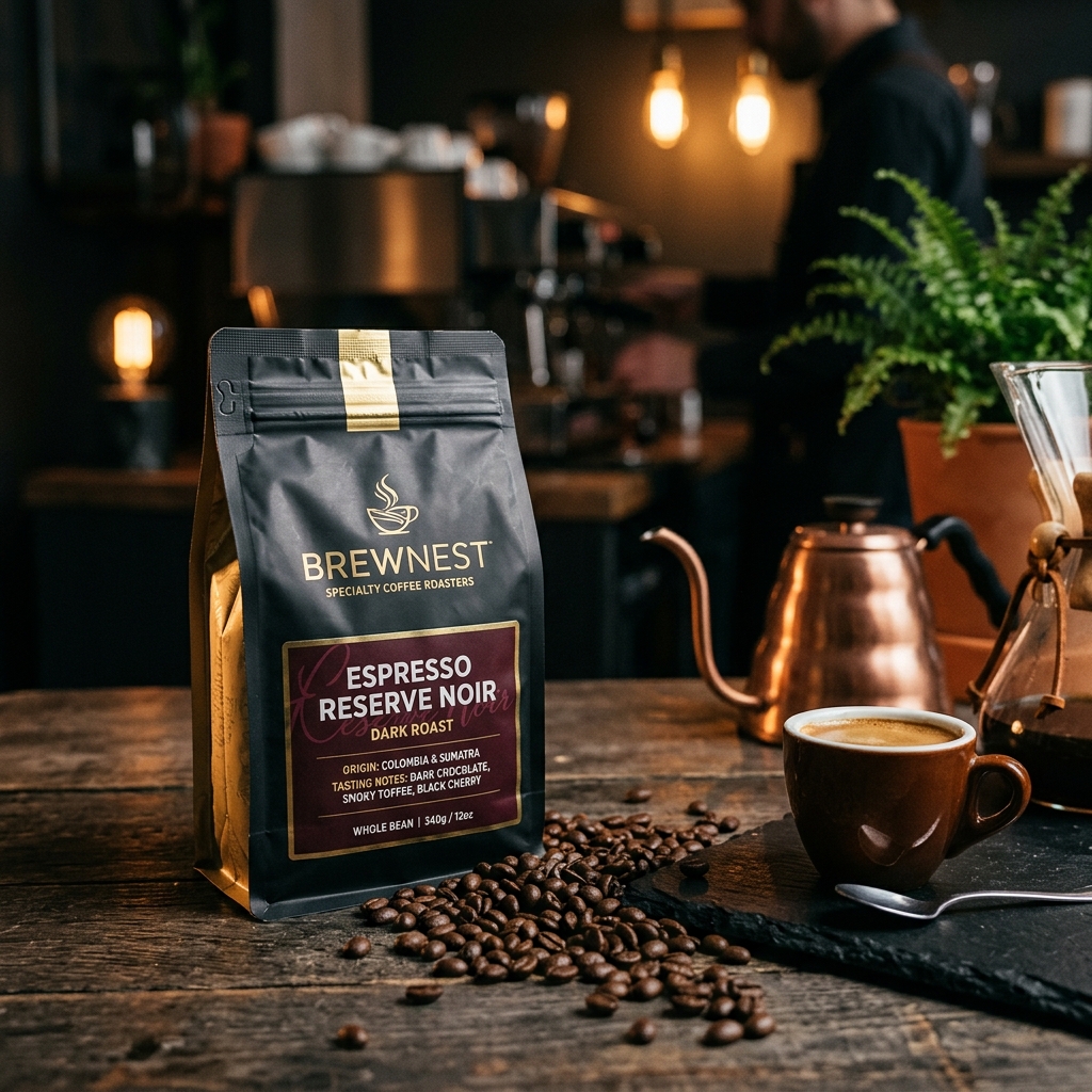 Premium whole bean coffee packaging of Espresso Reserve Noir