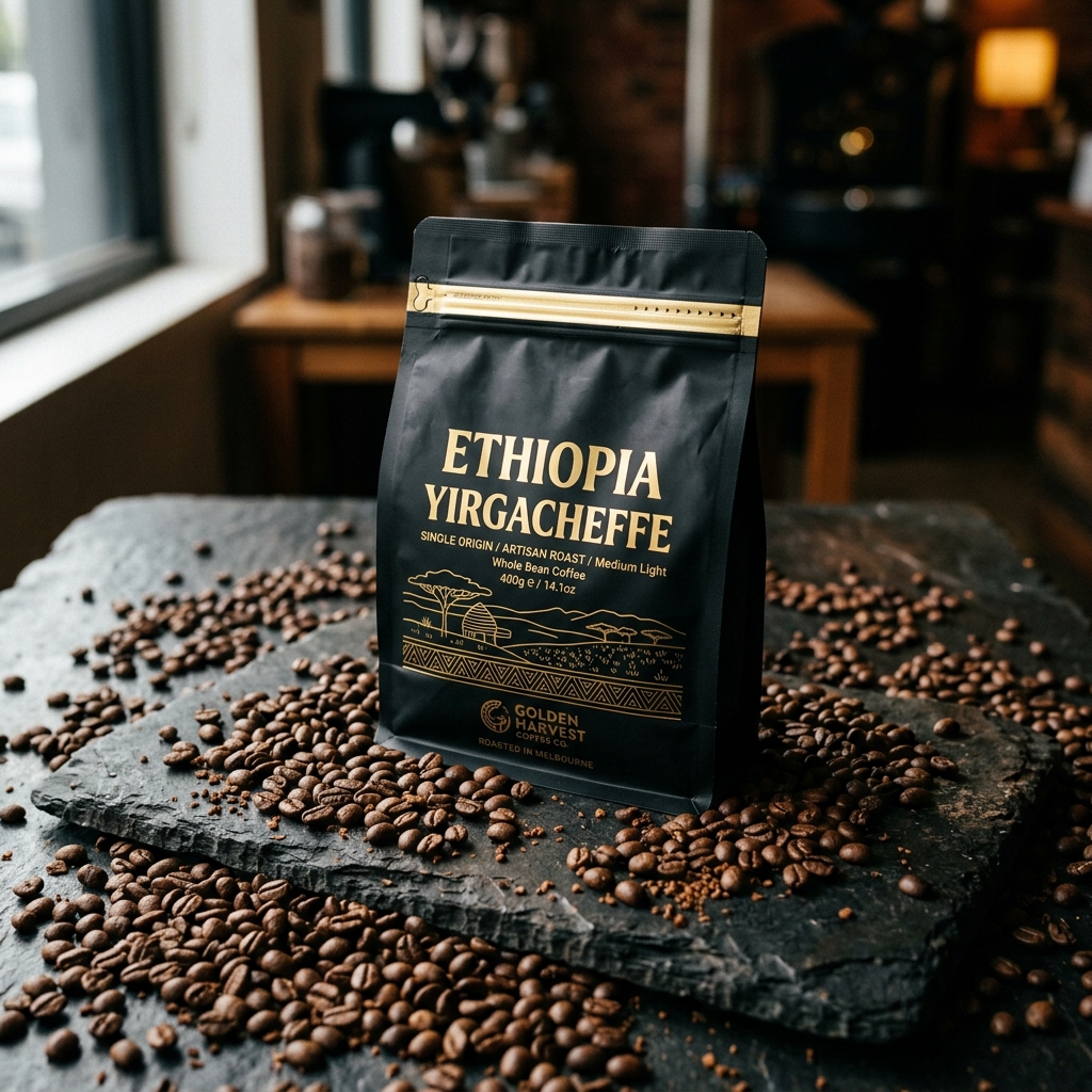 Premium whole bean coffee packaging of Ethiopia Yirgacheffe