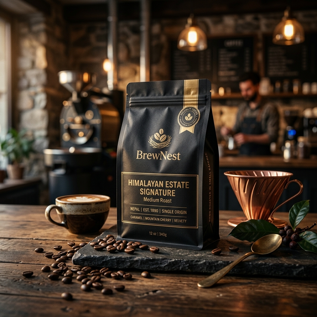 Premium whole bean coffee packaging of Himalayan Estate Signature