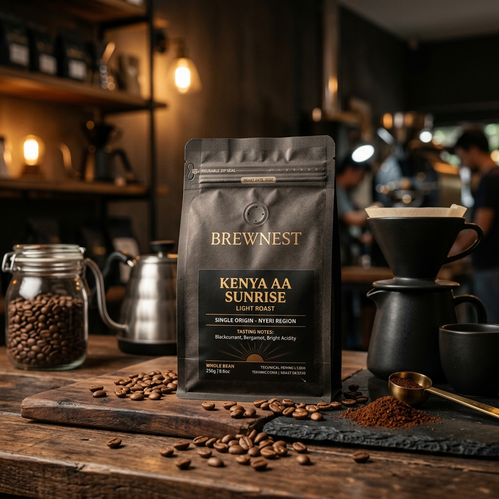 Premium whole bean coffee packaging of Kenya AA Sunrise