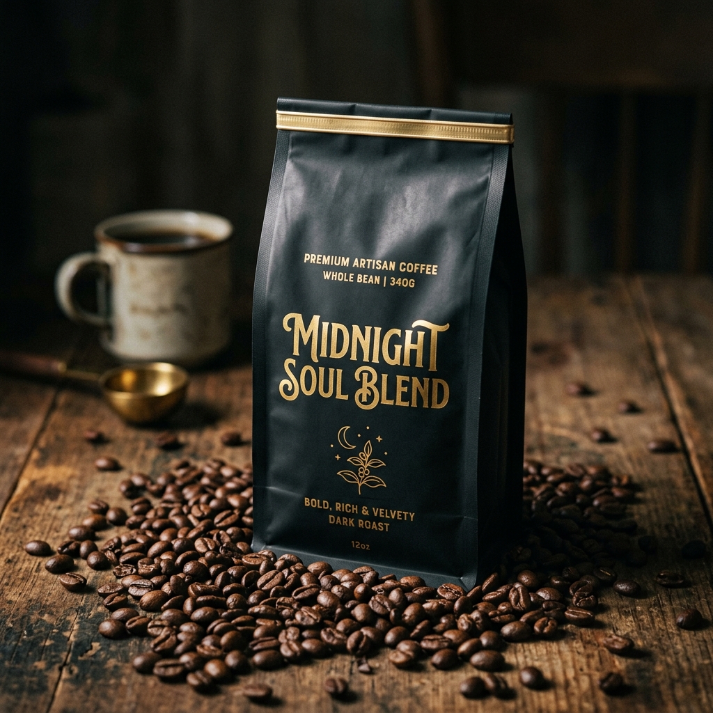 Premium whole bean coffee packaging of Midnight Soul Blend