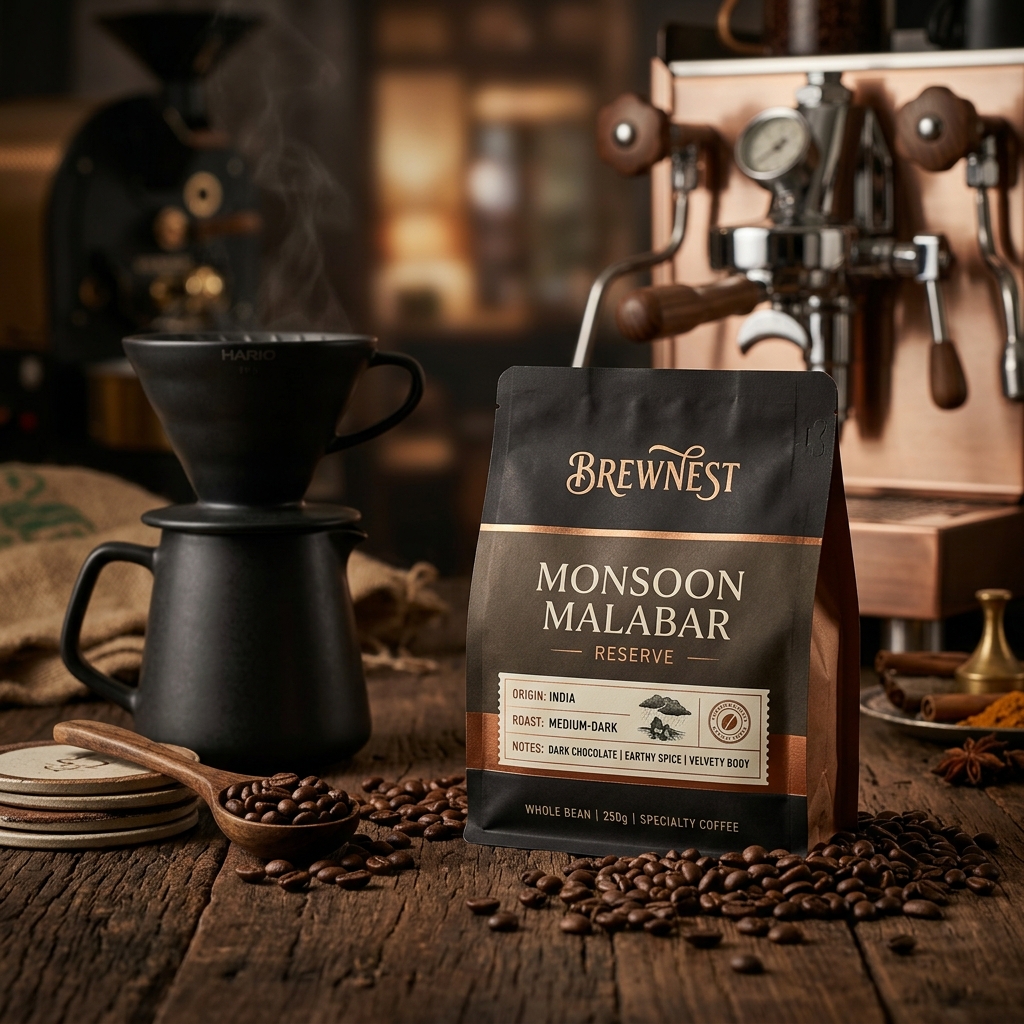 Premium whole bean coffee packaging of Monsoon Malabar Reserve