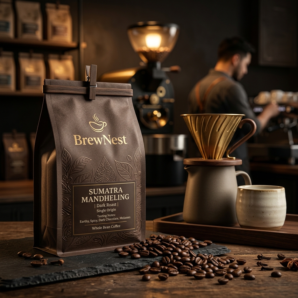 Premium whole bean coffee packaging of Sumatra Mandheling