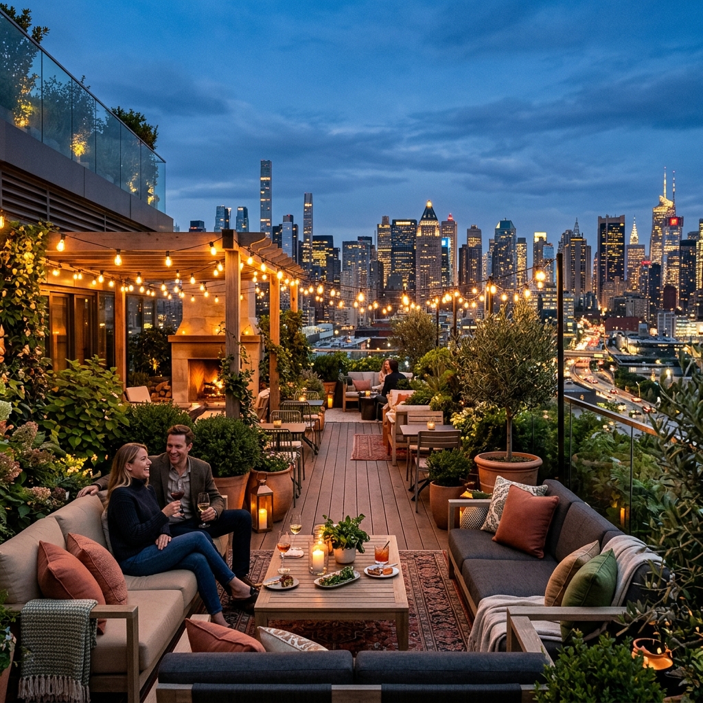 A cozy rooftop garden terrace at twilight with hanging string lights, sofas, and plants overlooking the Bengaluru skyline