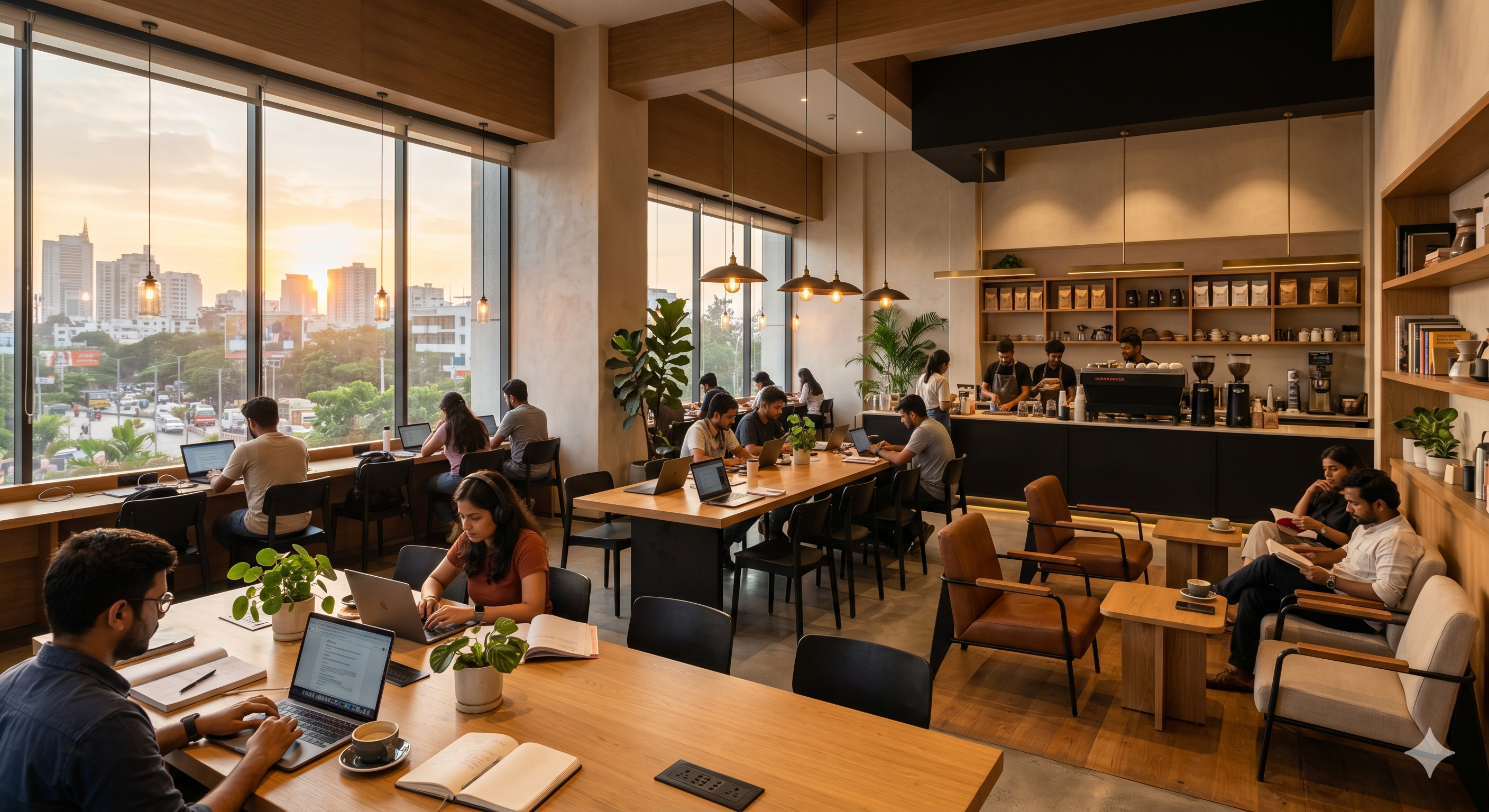Freelancers working on laptops in a cozy green cafe workspace with plants and windows